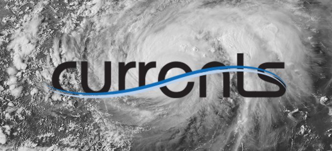 Currents logo over Hurricane Harvey