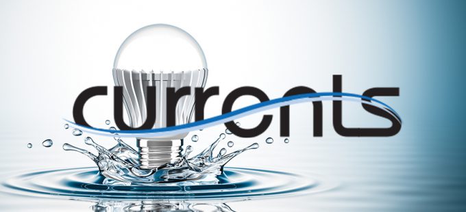 Currents logo on light bulb splashing in water