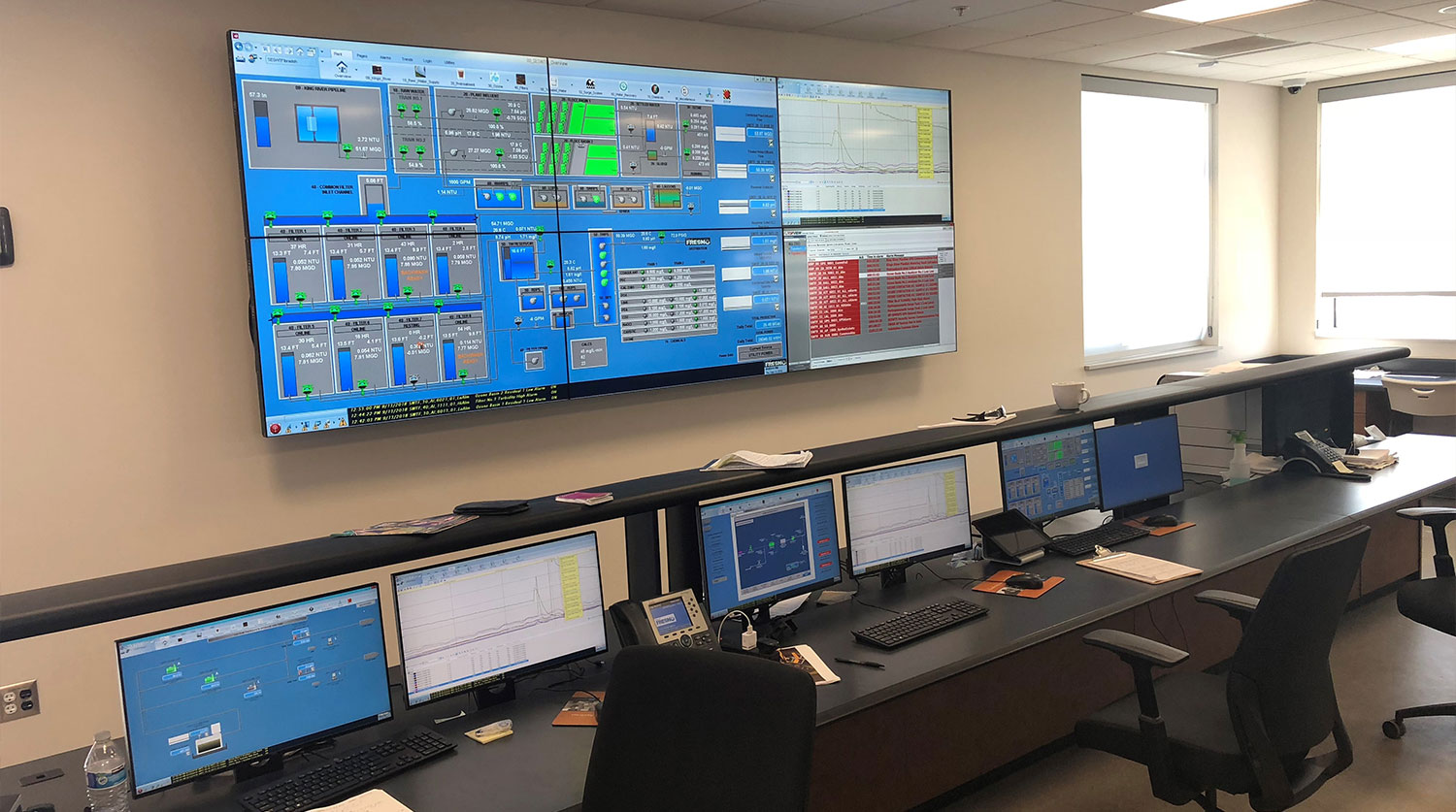 SCADA room with desks and several monitors
