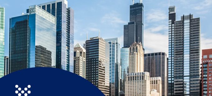 Arial view of downtown Chicago to represent Carollo's participation in WEFTEC 2025