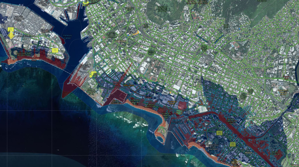 rendering of Sand Island climate change vulnerability assessment resilience plan using satellite view of Honolulu