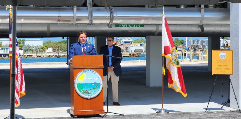 Ron Desantis speaking at the grand opening of the kermit h lewin reverse osmosis facility on stock island designed by carollo engineers