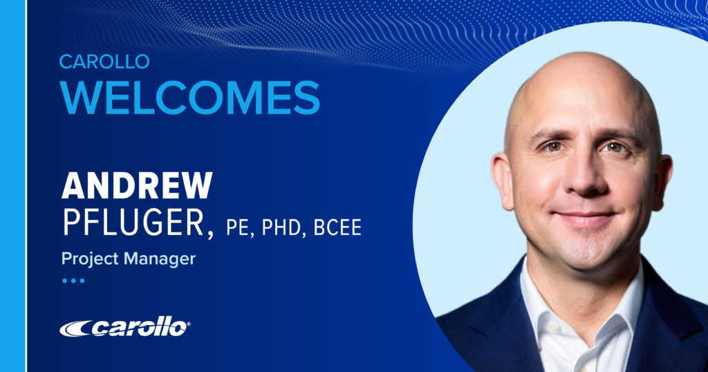 headshot of Carollo's new program manager, Andrew Pfluger, who is a wastewater expert specializing in biosolids management.