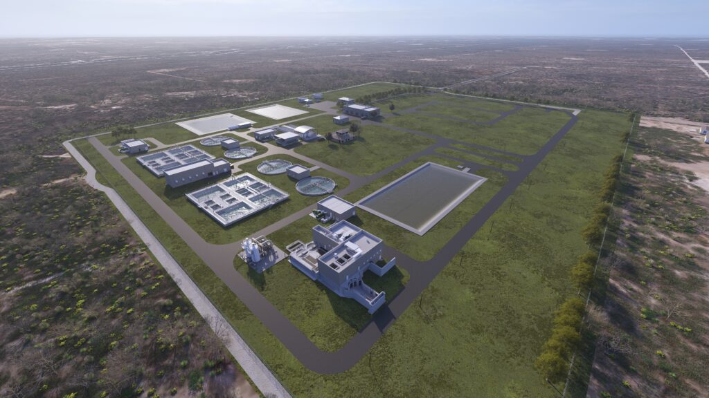 ariel rendering of the new Bob Derrington Water Reclamation Plant in Odessa Texas designed by Carollo Engineers